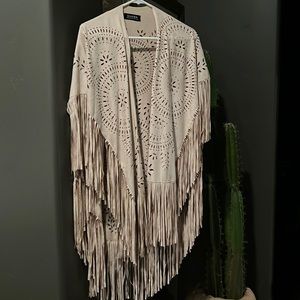 Faux suede fringe poncho